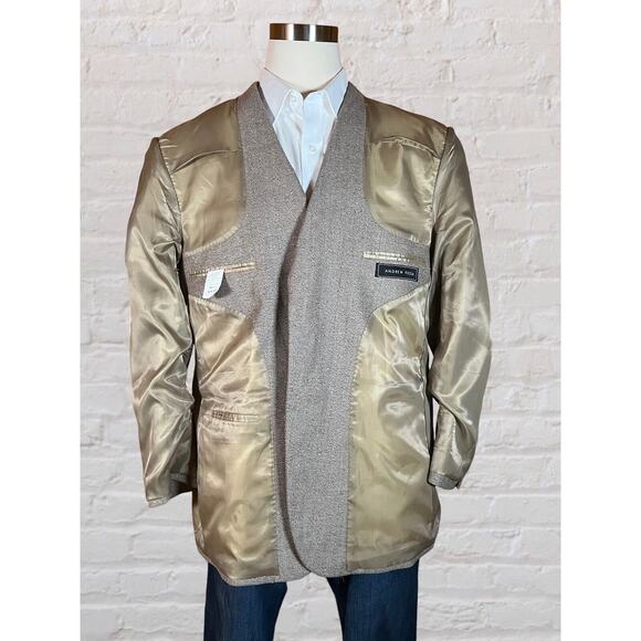 Andrew Fezza 44R Men Taupe Beige Herringbone Silk Tweed Blazer Sport Coat Jacket - Picture 8 of 15